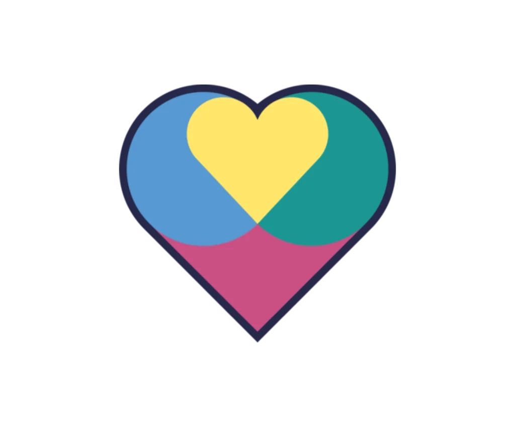 Heart shaped logo for The Promise with pink, green, blue and yellow elements