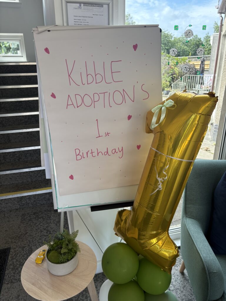 Kibble Adoption turns one poster and balloon