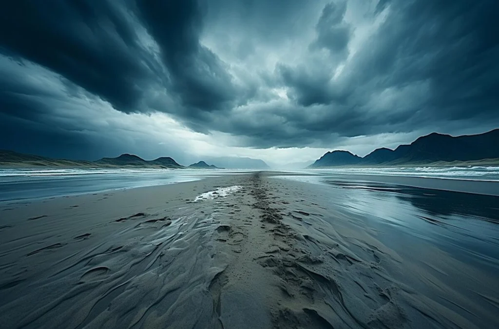 a stormy beach surrounded by hills and mountains